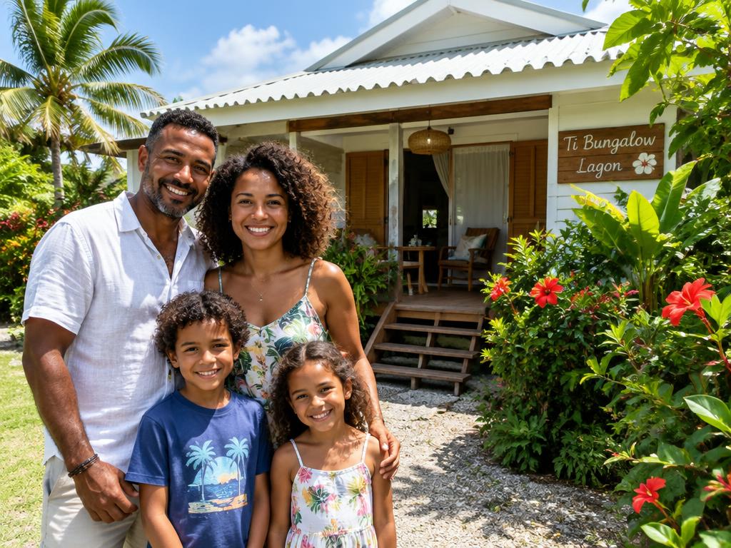 Famille devant son bungalow de tourisme en Guadeloupe, projet financé